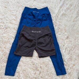 Sunzel Butt Scrunch Workout Blue Leggings and Gray Shorts Set M
